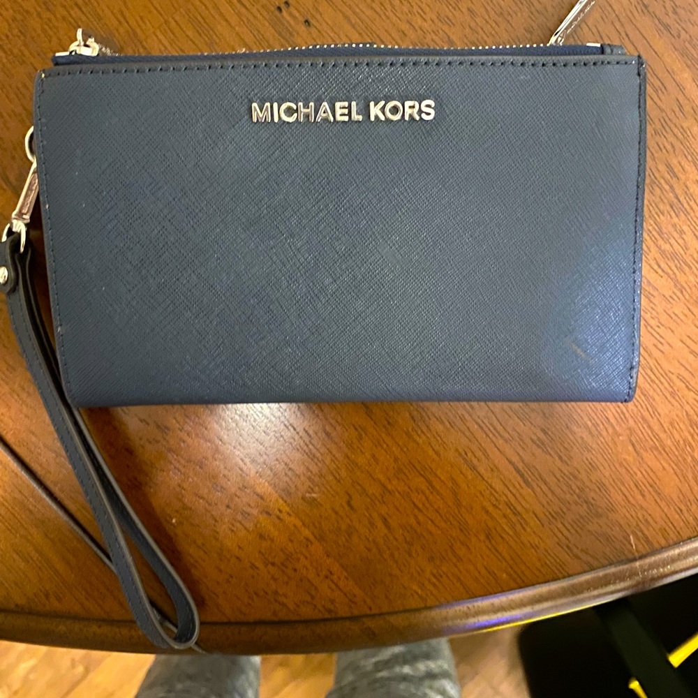 Navy Michael Kors “Adele Pebbled Leather Smartphone Wallet”
